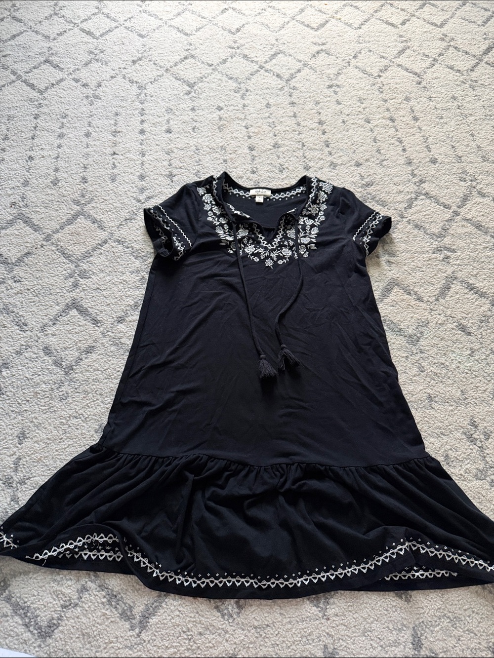 Target Black Dress with White Floral Embroidery and Tassels